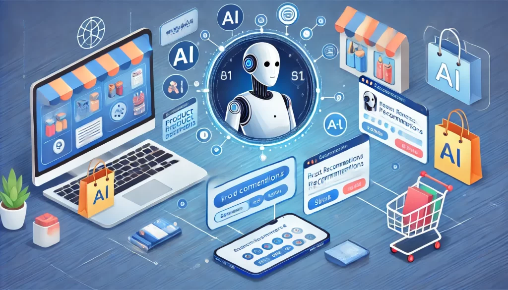 DALL·E-2024-07-31-16.46.25-An-illustration-showing-artificial-intelligence-AI-technology-integrated-into-an-e-commerce-platform.-The-image-depicts-a-user-friendly-interface-A-1024x585