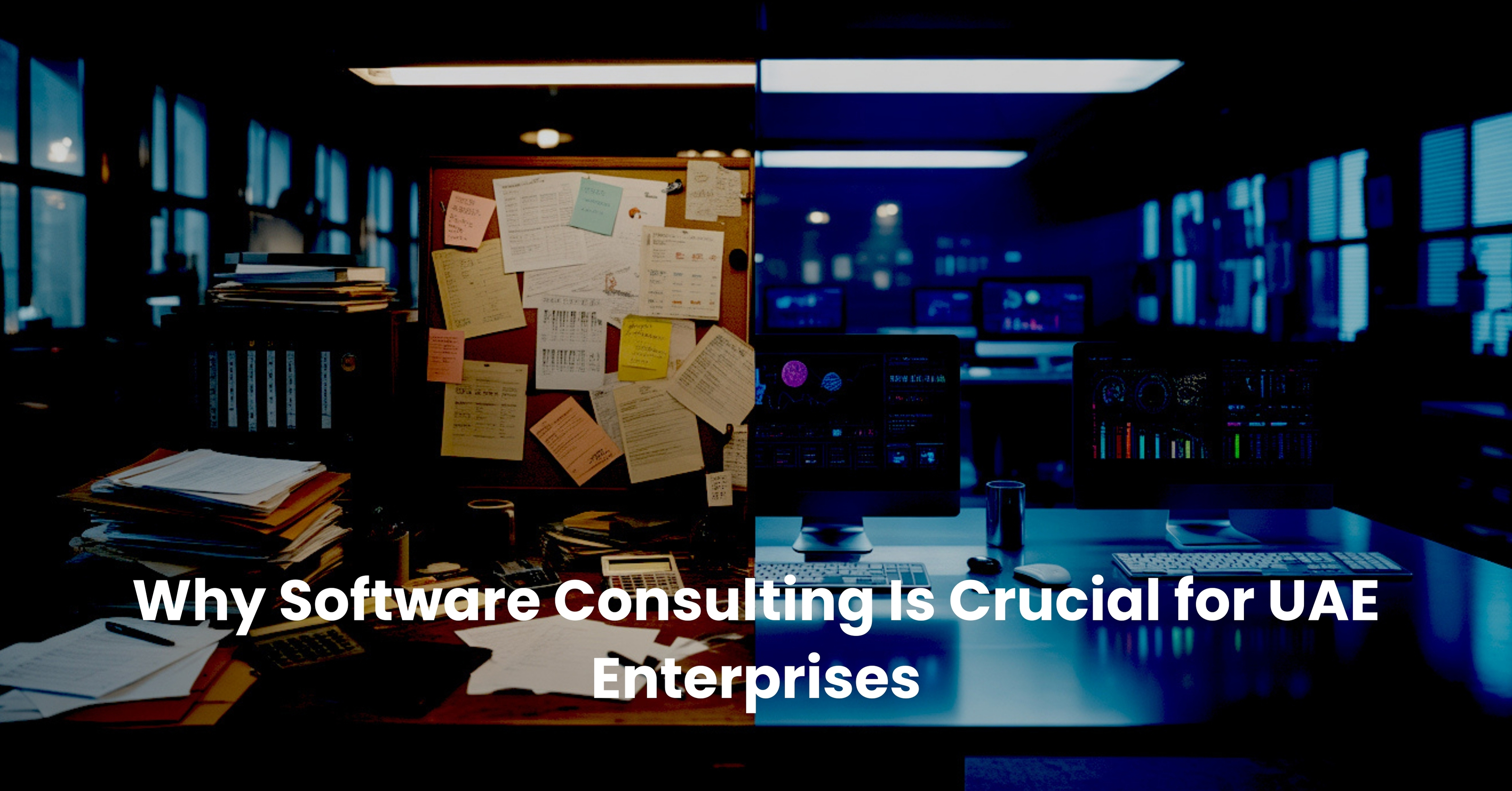 A split view showing a cluttered traditional office next to a high-tech modern digital workspace in the UAE.