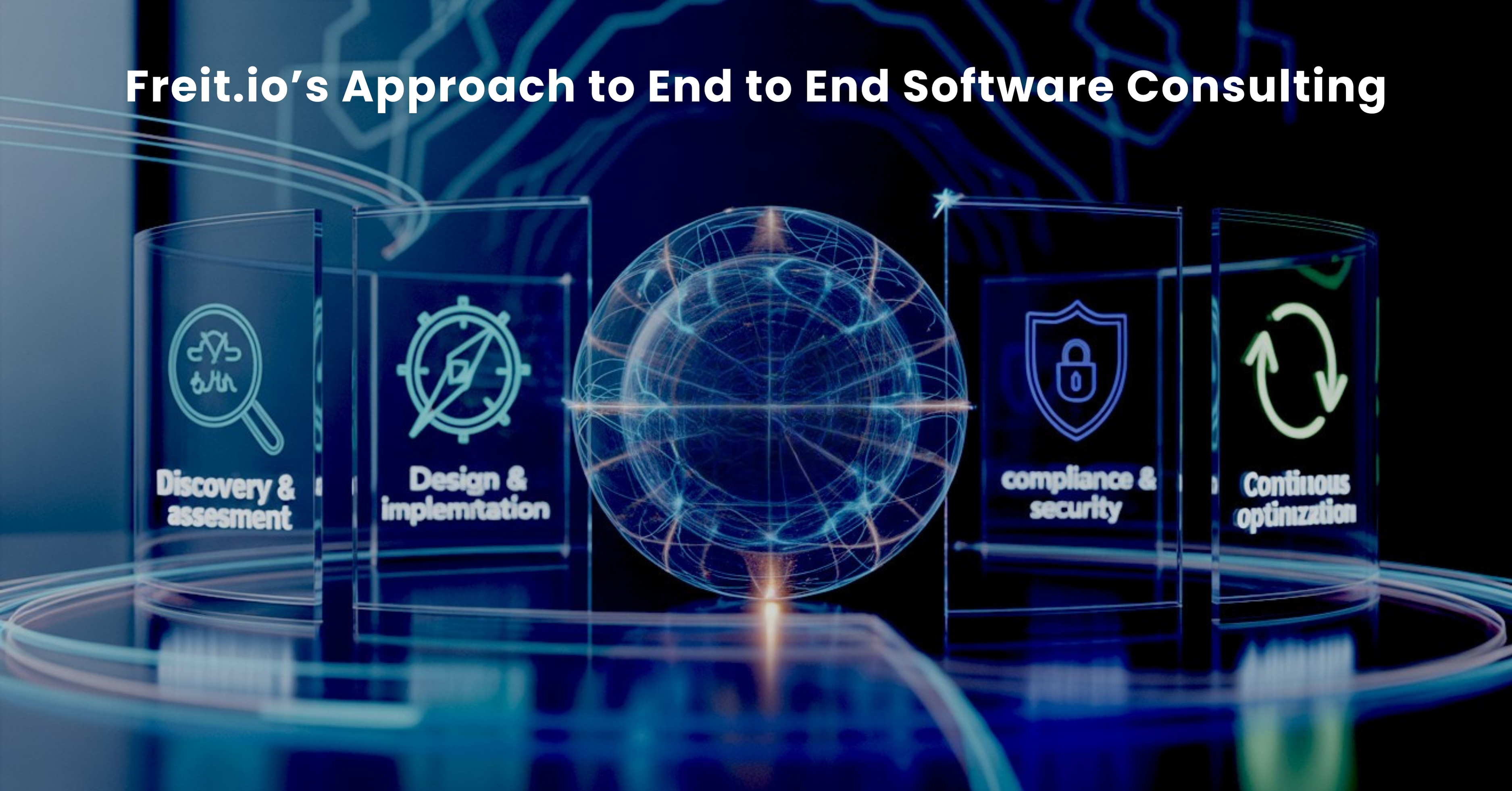 Diagram of Freit.io’s software consulting pillars: Discovery and Assessment, Design and Implementation, Compliance and Security, and Continuous Optimization.