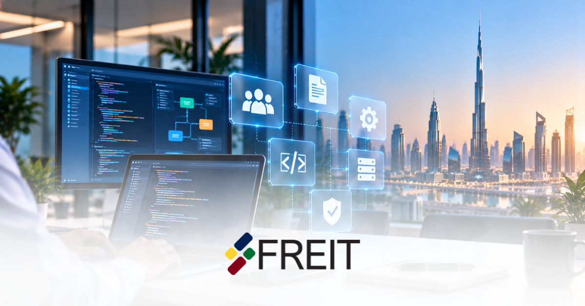 Custom software development UAE partner reviewing a project plan with the Freit logo