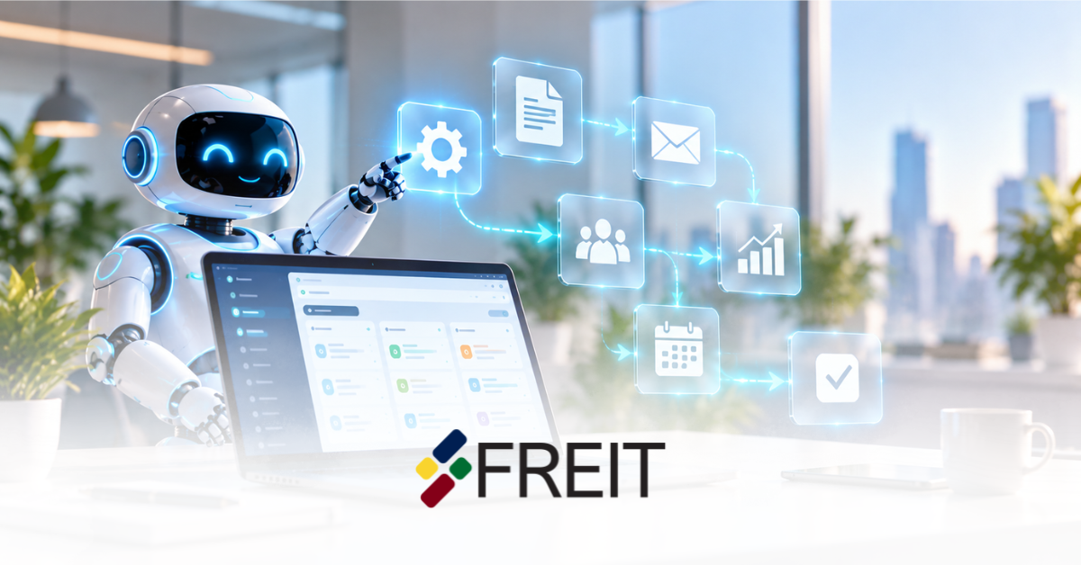 AI automation services UAE robot assistant guiding workflow steps with the Freit logo