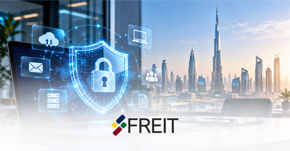 Cybersecurity services UAE shield icon protecting a laptop with Dubai skyline and the Freit logo