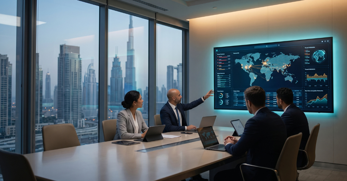 Cybersecurity services UAE team reviewing threat monitoring dashboard in a Dubai boardroom